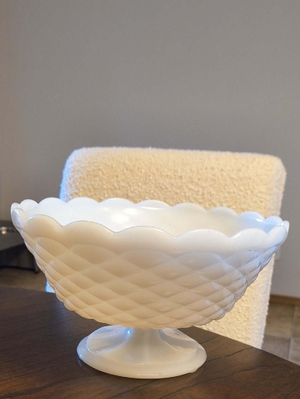 Milk Glass Pedestal Bowl - Scalloped Edge